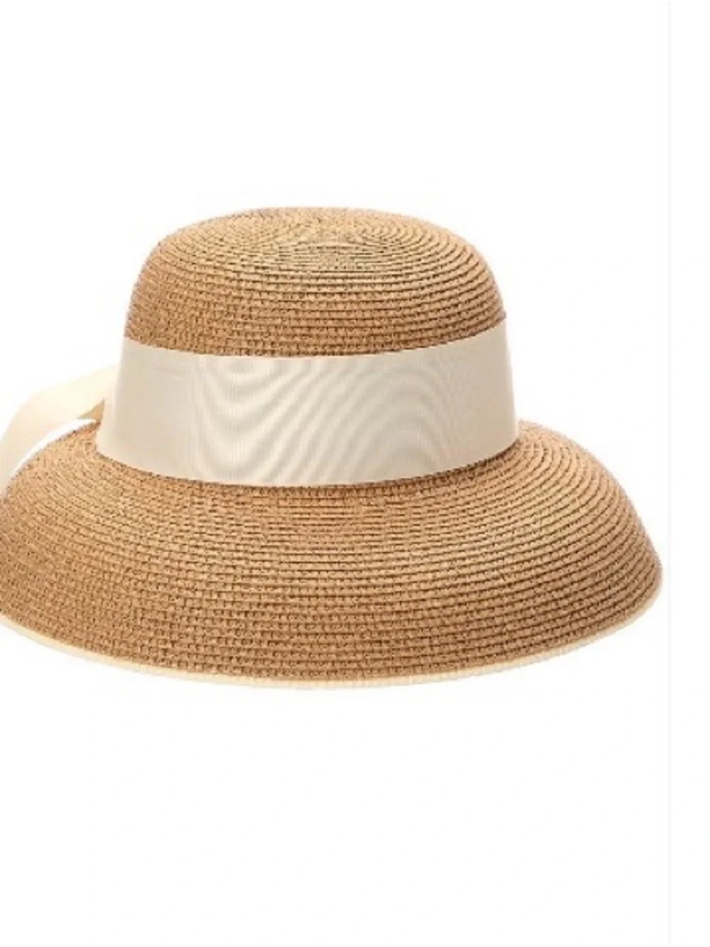 Surell Tan Straw European Hat with Cream Ribbon Bow